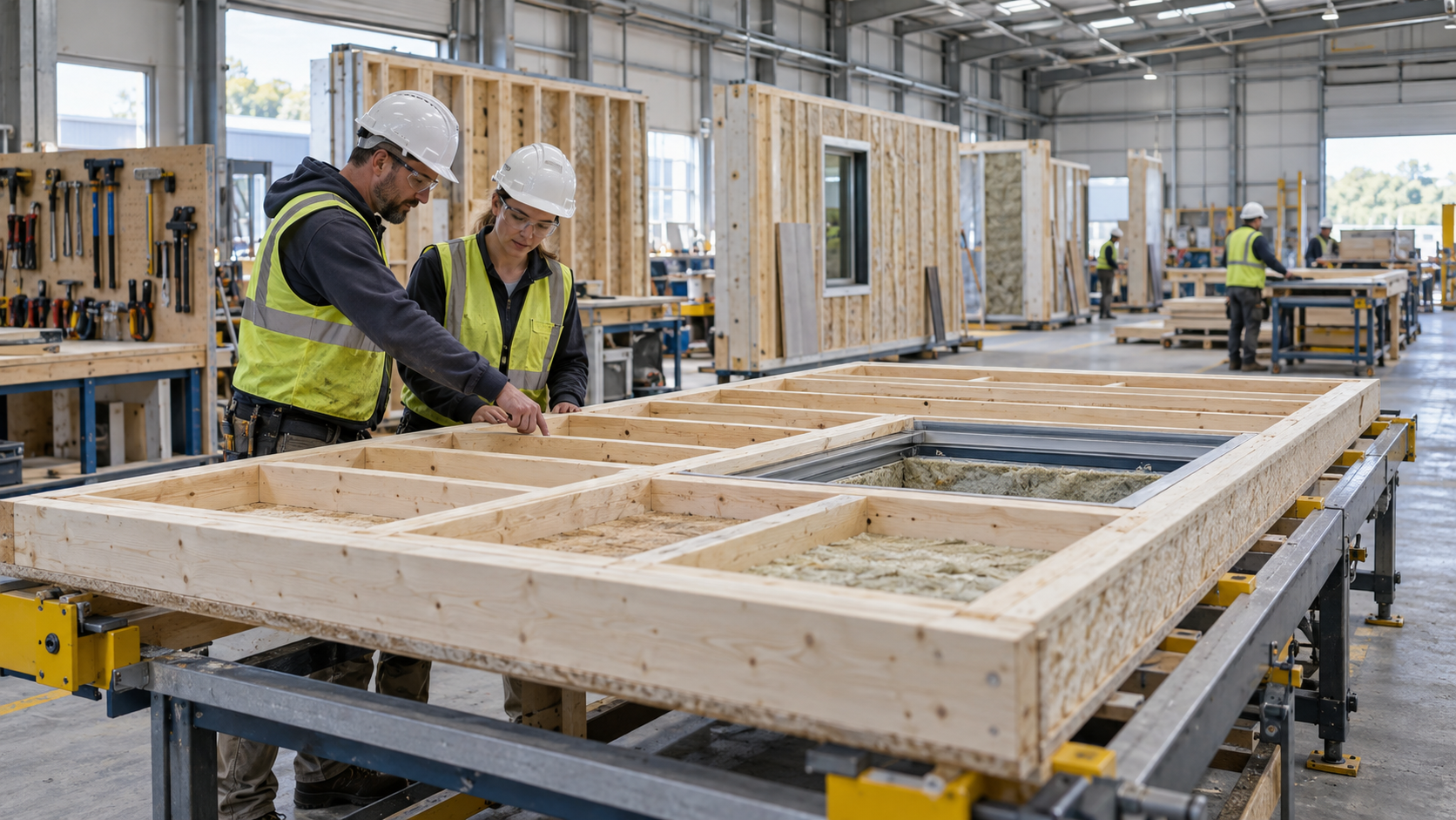 Construction professionals inspecting a prefabricated wall section in a housing-components workshop.