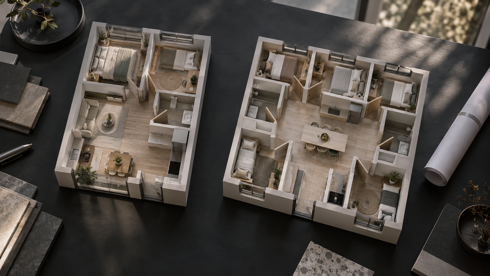 Two physical apartment-layout models on a dark design table compare different arrangements of private rooms and shared living space.