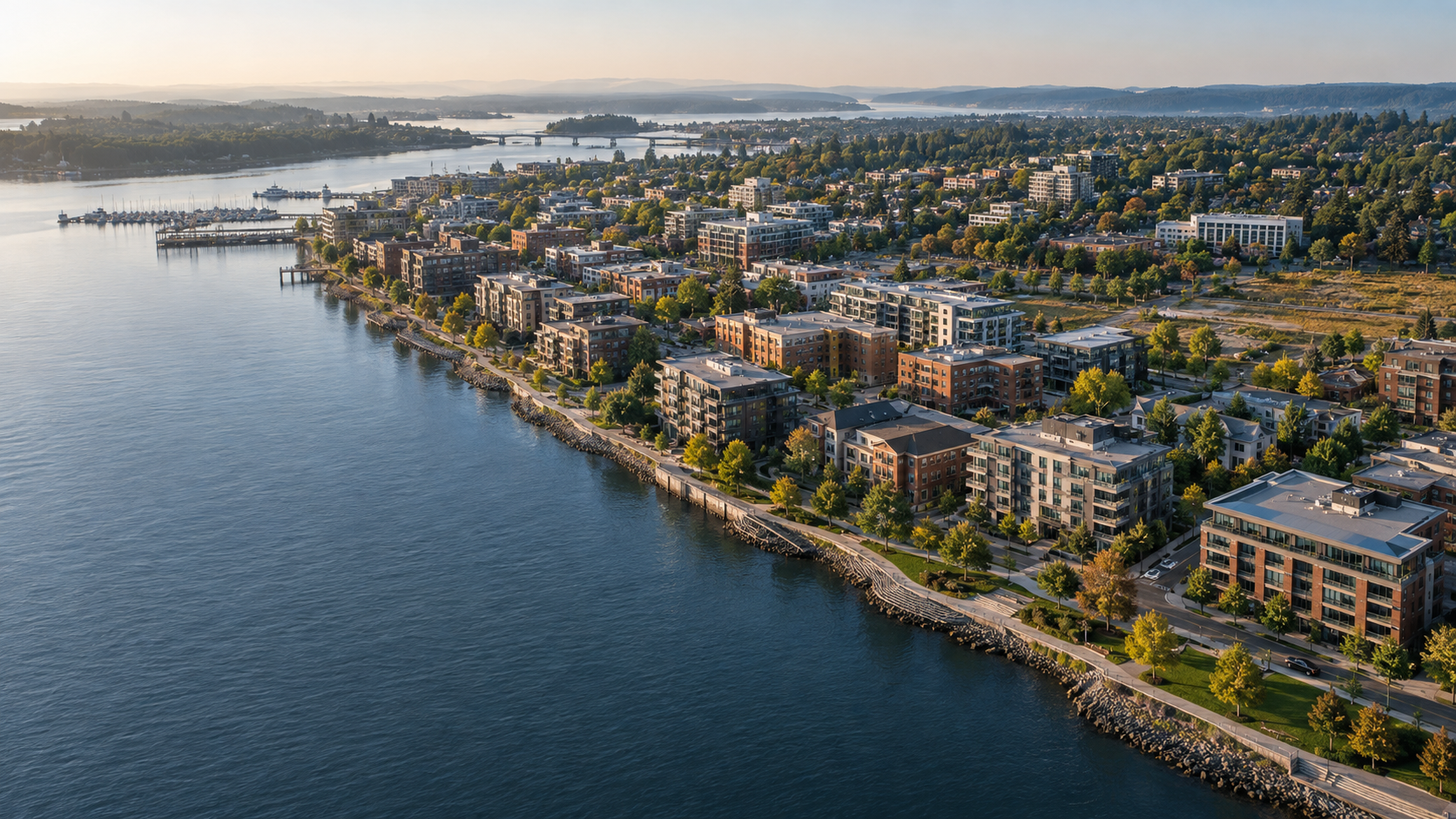 An aerial view of an established waterfront neighborhood shows buildings, mature trees, a limited shoreline, and surrounding water.