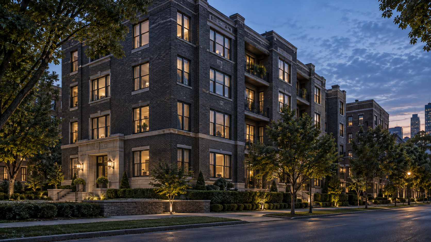 An established brick apartment building and landscaped courtyard at blue hour, with warm windows and mature trees.