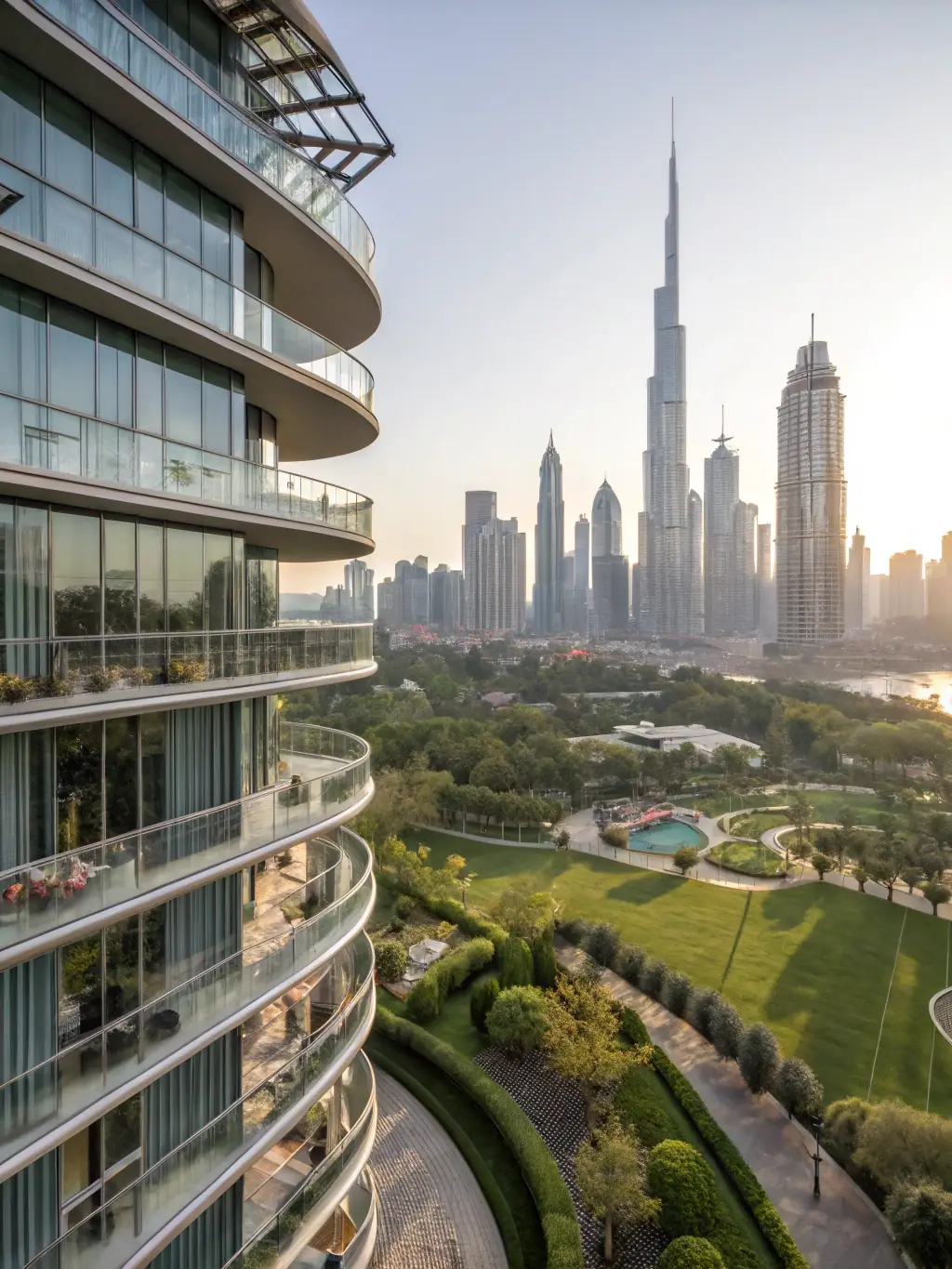 A photograph of a modern apartment complex at sunset, showcasing residential real estate investment.